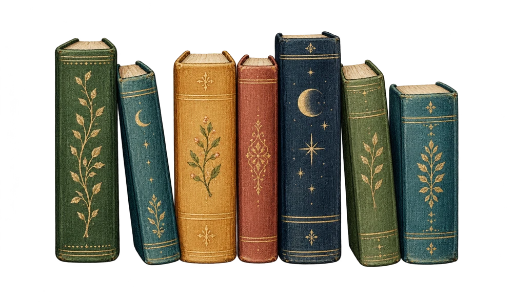 Illustration einer Reihe verschiedenfarbiger Bücher mit feinen goldenen Ornamenten.