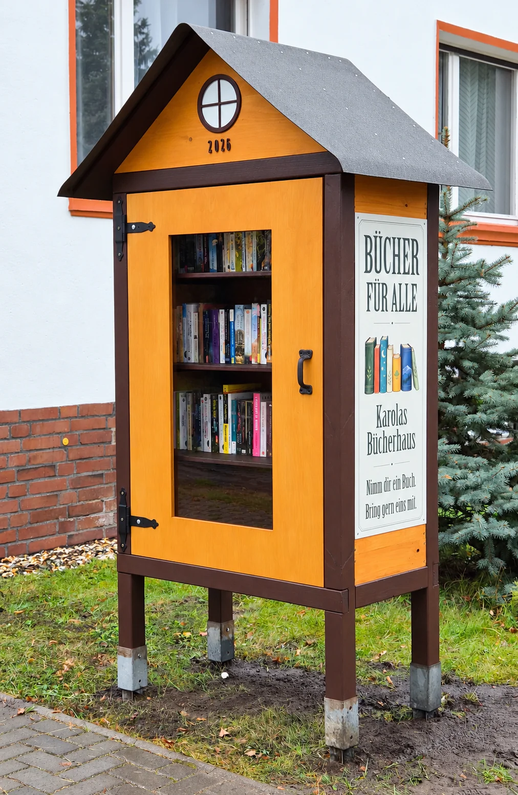 Das honigfarbene Bücherhaus mit dunkelbraunem Rahmen, Glastür und dem seitlichen Schild Bücher für alle.